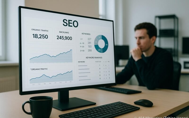 Modernes Büro mit großem Monitor, der SEO-Daten und Graphen anzeigt, eine Person analysiert die Daten, mit Kaffeetasse im Vordergrund