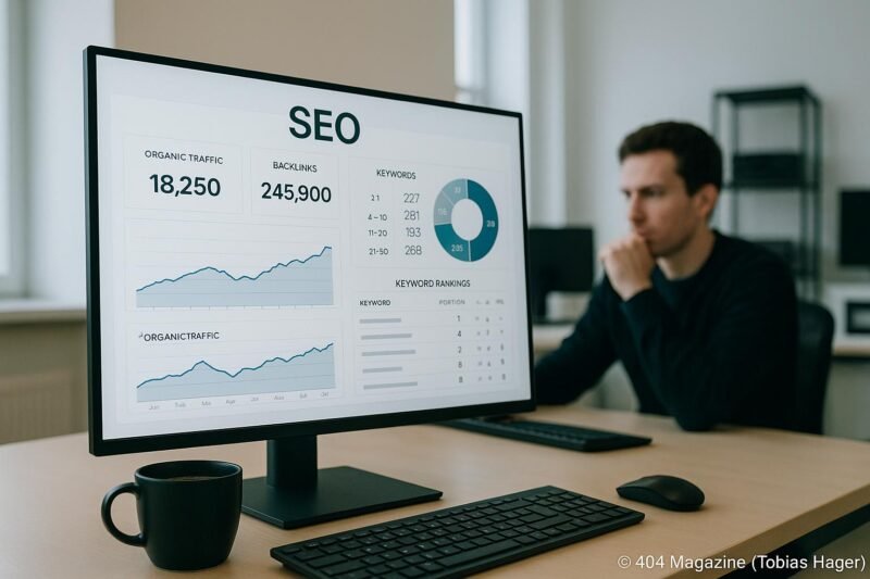 Modernes Büro mit großem Monitor, der SEO-Daten und Graphen anzeigt, eine Person analysiert die Daten, mit Kaffeetasse im Vordergrund
