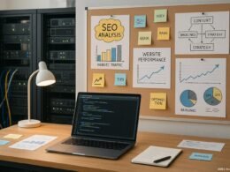 Modernes Arbeitszimmer mit großem Schreibtisch, Laptop mit Code, Pinnwände mit SEO-Analysen und Servergeräte im Hintergrund, hell erleuchtet, technologische Atmosphäre