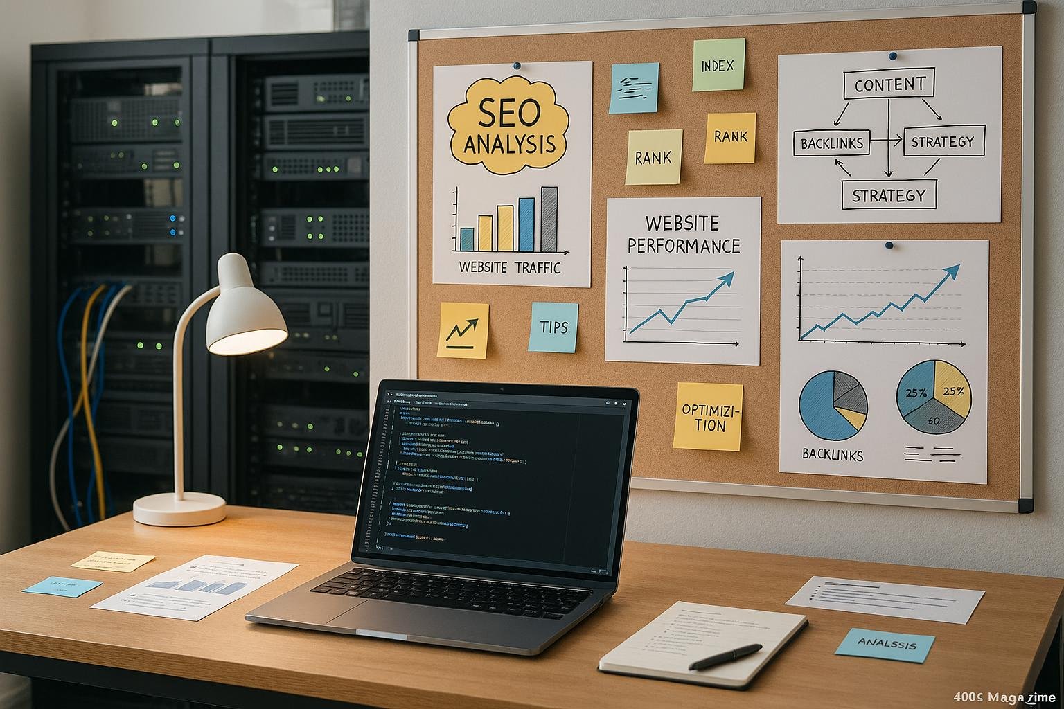 Modernes Arbeitszimmer mit großem Schreibtisch, Laptop mit Code, Pinnwände mit SEO-Analysen und Servergeräte im Hintergrund, hell erleuchtet, technologische Atmosphäre