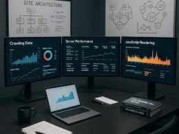 Arbeitsplatz eines SEO-Experten mit Monitoren, Notizen, Whiteboards und technischer Ausstattung
