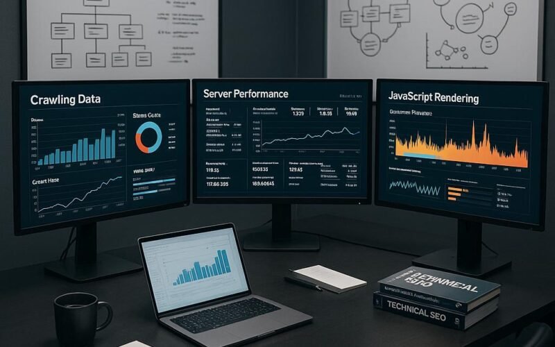 Arbeitsplatz eines SEO-Experten mit Monitoren, Notizen, Whiteboards und technischer Ausstattung
