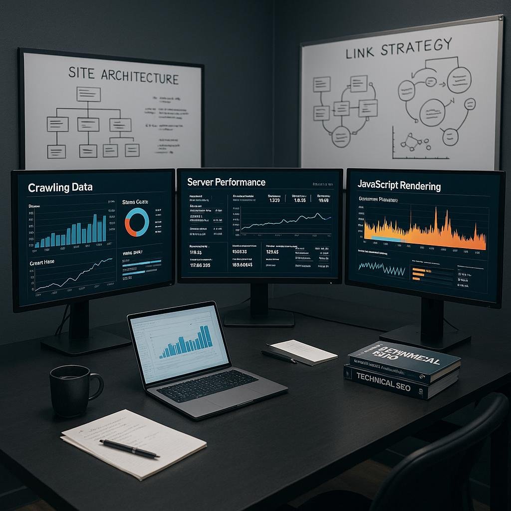 Arbeitsplatz eines SEO-Experten mit Monitoren, Notizen, Whiteboards und technischer Ausstattung