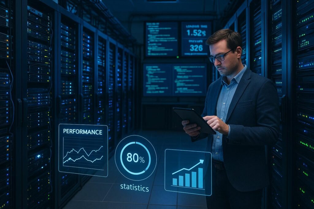 Moderner Serverraum mit blinkenden LEDs, Virtual-Reality-Performance-Diagrammen und einer Person, die Daten auf einem Tablet überprüft, symbolisiert technische Kontrolle und Optimierung.