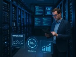 Moderner Serverraum mit blinkenden LEDs, Virtual-Reality-Performance-Diagrammen und einer Person, die Daten auf einem Tablet überprüft, symbolisiert technische Kontrolle und Optimierung.