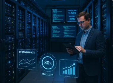 Moderner Serverraum mit blinkenden LEDs, Virtual-Reality-Performance-Diagrammen und einer Person, die Daten auf einem Tablet überprüft, symbolisiert technische Kontrolle und Optimierung.