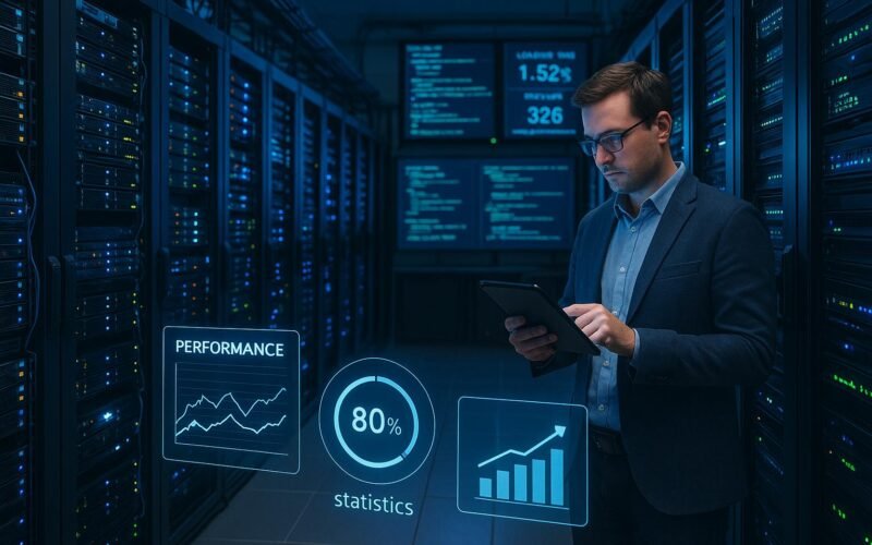 Moderner Serverraum mit blinkenden LEDs, Virtual-Reality-Performance-Diagrammen und einer Person, die Daten auf einem Tablet überprüft, symbolisiert technische Kontrolle und Optimierung.