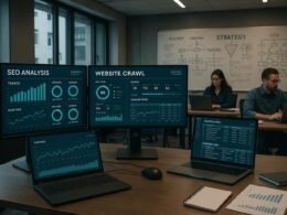 Modernes Büro mit mehreren Monitoren, Experten bei der Arbeit, Whiteboard mit Strategien und technischen Diagrammen, symbolisiert digitale Optimierung