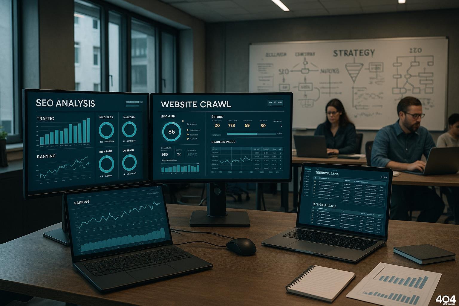 Modernes Büro mit mehreren Monitoren, Experten bei der Arbeit, Whiteboard mit Strategien und technischen Diagrammen, symbolisiert digitale Optimierung
