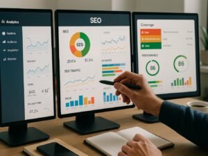 Nahaufnahme eines modernen Arbeitsplatzes mit mehreren Monitoren, die SEO- und Website-Analysen zeigen, umgeben von Notizbüchern, Smartphone und Kaffee in einem minimalistischen Büro.
