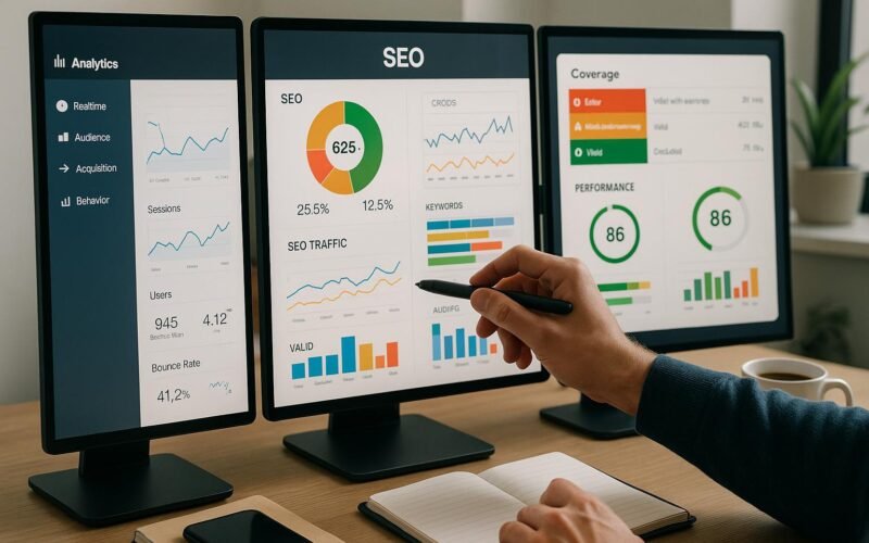 Nahaufnahme eines modernen Arbeitsplatzes mit mehreren Monitoren, die SEO- und Website-Analysen zeigen, umgeben von Notizbüchern, Smartphone und Kaffee in einem minimalistischen Büro.