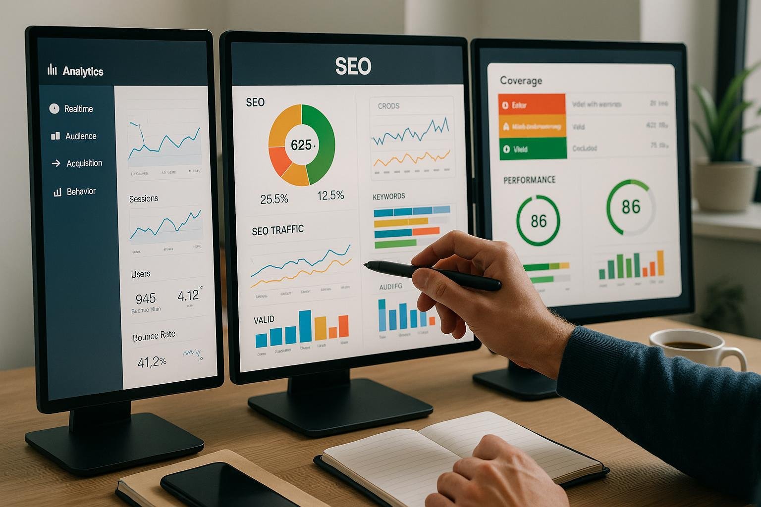 Nahaufnahme eines modernen Arbeitsplatzes mit mehreren Monitoren, die SEO- und Website-Analysen zeigen, umgeben von Notizbüchern, Smartphone und Kaffee in einem minimalistischen Büro.
