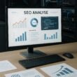 Modernes Büro mit Computerbildschirm, auf dem eine SEO-Analysetafel mit Diagrammen und Statistiken angezeigt wird, im Hintergrund Server-Racks und Netzwerkhardware, professionelle digitale Umgebung