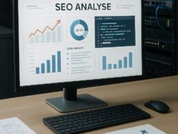 Modernes Büro mit Computerbildschirm, auf dem eine SEO-Analysetafel mit Diagrammen und Statistiken angezeigt wird, im Hintergrund Server-Racks und Netzwerkhardware, professionelle digitale Umgebung