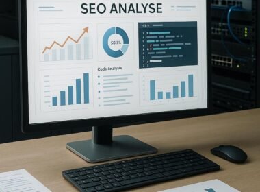 Modernes Büro mit Computerbildschirm, auf dem eine SEO-Analysetafel mit Diagrammen und Statistiken angezeigt wird, im Hintergrund Server-Racks und Netzwerkhardware, professionelle digitale Umgebung