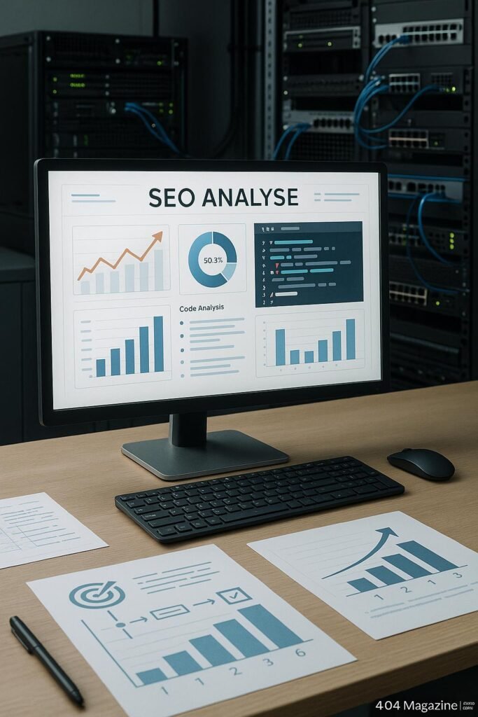 Modernes Büro mit Computerbildschirm, auf dem eine SEO-Analysetafel mit Diagrammen und Statistiken angezeigt wird, im Hintergrund Server-Racks und Netzwerkhardware, professionelle digitale Umgebung