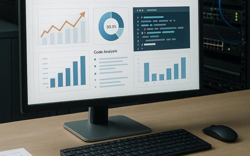 Modernes Büro mit Computerbildschirm, auf dem eine SEO-Analysetafel mit Diagrammen und Statistiken angezeigt wird, im Hintergrund Server-Racks und Netzwerkhardware, professionelle digitale Umgebung