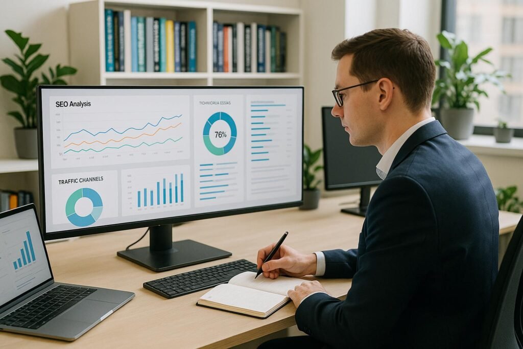Moderner Arbeitsplatz mit großem Bildschirm, Diagrammen, SEO-Analysen und einer Person in Business-Kleidung, im Hintergrund Bücherregale mit Digitalmarketing-Literatur.