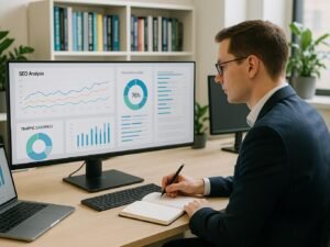 Moderner Arbeitsplatz mit großem Bildschirm, Diagrammen, SEO-Analysen und einer Person in Business-Kleidung, im Hintergrund Bücherregale mit Digitalmarketing-Literatur.
