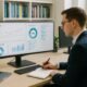 Moderner Arbeitsplatz mit großem Bildschirm, Diagrammen, SEO-Analysen und einer Person in Business-Kleidung, im Hintergrund Bücherregale mit Digitalmarketing-Literatur.