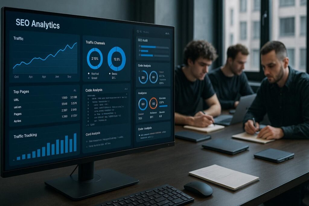 Großer Bildschirm mit SEO-Analytics-Dashboards, Charts und Code-Analysen im modernen Arbeitsumfeld, Entwickler arbeiten im Hintergrund.