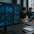 Großer Bildschirm mit SEO-Analytics-Dashboards, Charts und Code-Analysen im modernen Arbeitsumfeld, Entwickler arbeiten im Hintergrund.
