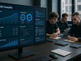 Großer Bildschirm mit SEO-Analytics-Dashboards, Charts und Code-Analysen im modernen Arbeitsumfeld, Entwickler arbeiten im Hintergrund.