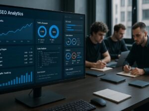 Großer Bildschirm mit SEO-Analytics-Dashboards, Charts und Code-Analysen im modernen Arbeitsumfeld, Entwickler arbeiten im Hintergrund.