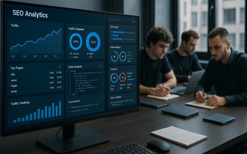 Großer Bildschirm mit SEO-Analytics-Dashboards, Charts und Code-Analysen im modernen Arbeitsumfeld, Entwickler arbeiten im Hintergrund.