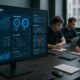 Großer Bildschirm mit SEO-Analytics-Dashboards, Charts und Code-Analysen im modernen Arbeitsumfeld, Entwickler arbeiten im Hintergrund.