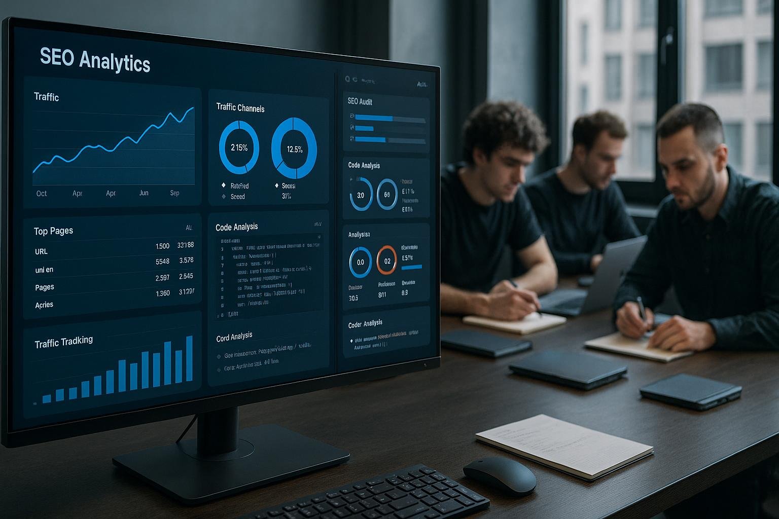 Großer Bildschirm mit SEO-Analytics-Dashboards, Charts und Code-Analysen im modernen Arbeitsumfeld, Entwickler arbeiten im Hintergrund.