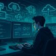 Moderner Entwicklerarbeitsplatz mit mehreren Monitoren, Servern und digitaler Flowcharts in einem High-Tech-Büro mit Neonbeleuchtung