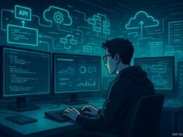 Moderner Entwicklerarbeitsplatz mit mehreren Monitoren, Servern und digitaler Flowcharts in einem High-Tech-Büro mit Neonbeleuchtung