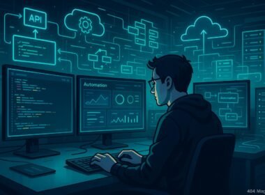 Moderner Entwicklerarbeitsplatz mit mehreren Monitoren, Servern und digitaler Flowcharts in einem High-Tech-Büro mit Neonbeleuchtung