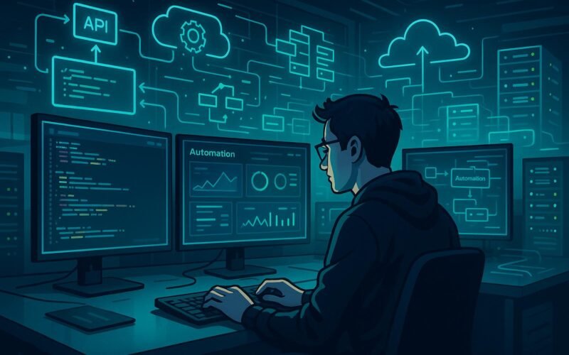 Moderner Entwicklerarbeitsplatz mit mehreren Monitoren, Servern und digitaler Flowcharts in einem High-Tech-Büro mit Neonbeleuchtung