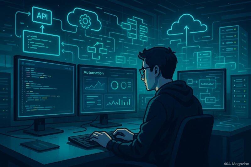 Moderner Entwicklerarbeitsplatz mit mehreren Monitoren, Servern und digitaler Flowcharts in einem High-Tech-Büro mit Neonbeleuchtung