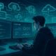 Moderner Entwicklerarbeitsplatz mit mehreren Monitoren, Servern und digitaler Flowcharts in einem High-Tech-Büro mit Neonbeleuchtung
