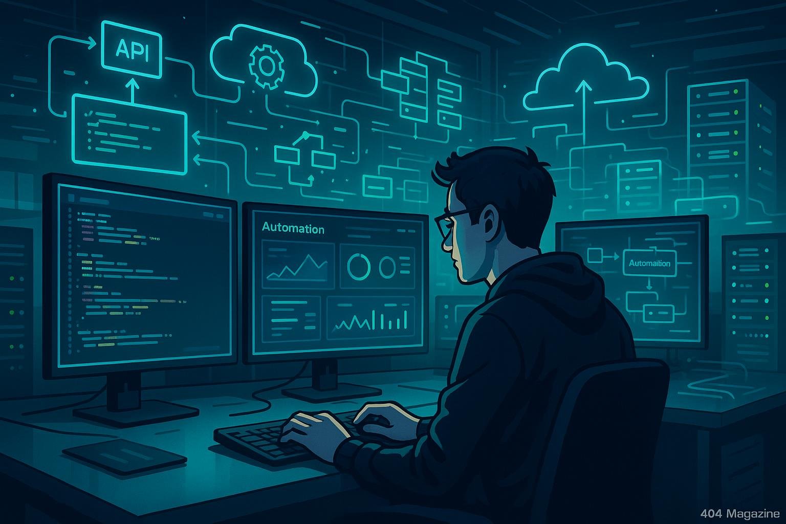 Moderner Entwicklerarbeitsplatz mit mehreren Monitoren, Servern und digitaler Flowcharts in einem High-Tech-Büro mit Neonbeleuchtung