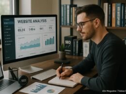 Motivierter Blogger arbeitet an technische SEO-Analyse auf einem modernen Arbeitsplatz mit großen Bildschirm, umgeben von SEO-Tools und Büchern im Hintergrund
