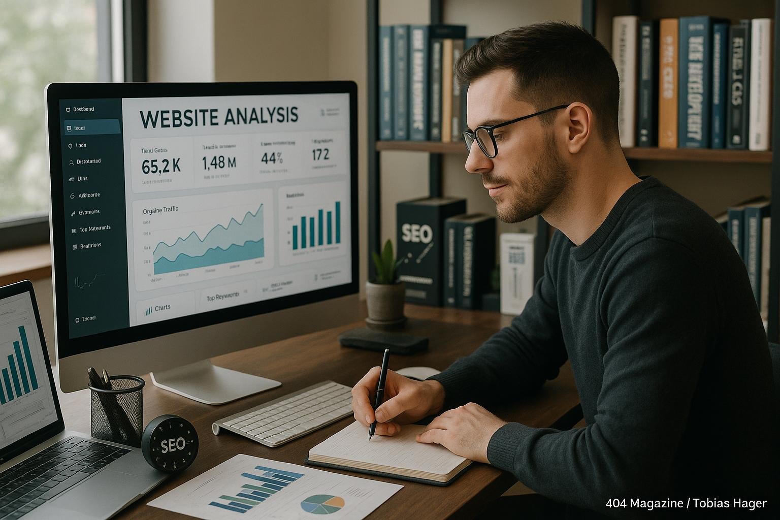 Motivierter Blogger arbeitet an technische SEO-Analyse auf einem modernen Arbeitsplatz mit großen Bildschirm, umgeben von SEO-Tools und Büchern im Hintergrund