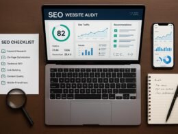 Professionelles Flat-Lay mit Laptop, Smartphone, Checkliste, Lupe und Notizblock auf Holzarbeitsfläche, fokusiert auf SEO-Analyse und Optimierung. Credit: 404 Magazine (Tobias Hager).