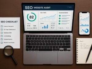 Professionelles Flat-Lay mit Laptop, Smartphone, Checkliste, Lupe und Notizblock auf Holzarbeitsfläche, fokusiert auf SEO-Analyse und Optimierung. Credit: 404 Magazine (Tobias Hager).