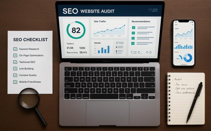 Professionelles Flat-Lay mit Laptop, Smartphone, Checkliste, Lupe und Notizblock auf Holzarbeitsfläche, fokusiert auf SEO-Analyse und Optimierung. Credit: 404 Magazine (Tobias Hager).