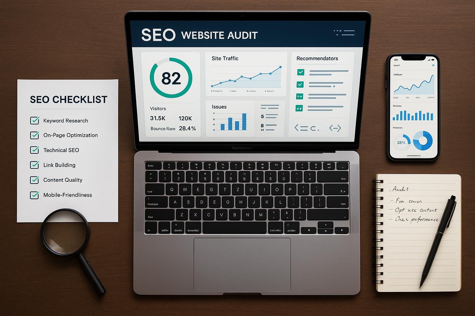 Professionelles Flat-Lay mit Laptop, Smartphone, Checkliste, Lupe und Notizblock auf Holzarbeitsfläche, fokusiert auf SEO-Analyse und Optimierung. Credit: 404 Magazine (Tobias Hager).
