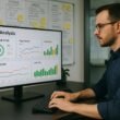 Person arbeitet in einem modernen Büro an einem Computer mit SEO-Analyse-Daten auf dem Bildschirm, im Hintergrund Whiteboards und Post-it-Notizen mit technischen Notizen