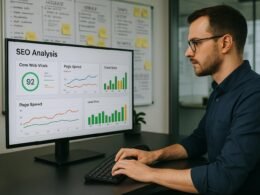 Person arbeitet in einem modernen Büro an einem Computer mit SEO-Analyse-Daten auf dem Bildschirm, im Hintergrund Whiteboards und Post-it-Notizen mit technischen Notizen