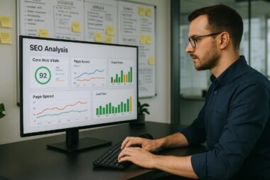 Person arbeitet in einem modernen Büro an einem Computer mit SEO-Analyse-Daten auf dem Bildschirm, im Hintergrund Whiteboards und Post-it-Notizen mit technischen Notizen