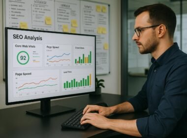 Person arbeitet in einem modernen Büro an einem Computer mit SEO-Analyse-Daten auf dem Bildschirm, im Hintergrund Whiteboards und Post-it-Notizen mit technischen Notizen