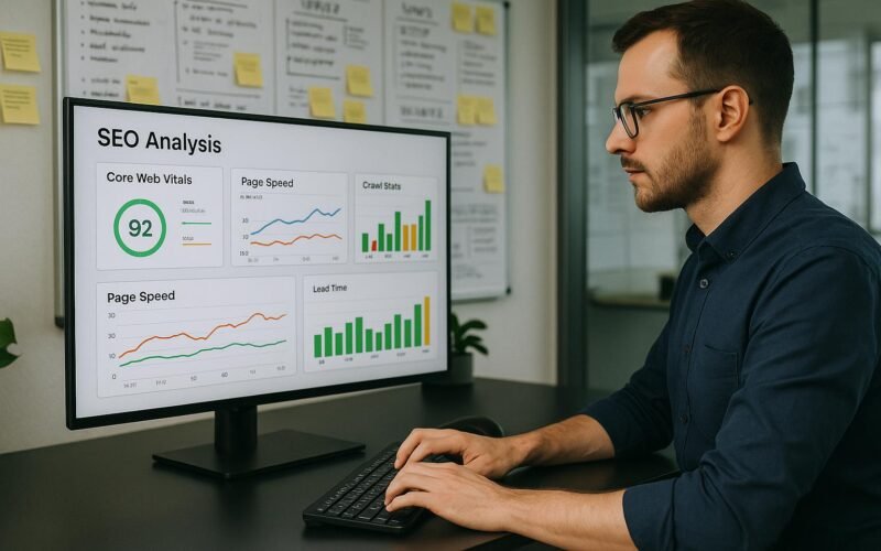 Person arbeitet in einem modernen Büro an einem Computer mit SEO-Analyse-Daten auf dem Bildschirm, im Hintergrund Whiteboards und Post-it-Notizen mit technischen Notizen