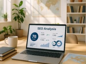 Modernes Büro mit aufgeräumtem Schreibtisch, Laptop mit SEO-Analyse-Dashboard, Notizbüchern, Kaffee, Weltkarte, Pflanzen und Bücher im Hintergrund